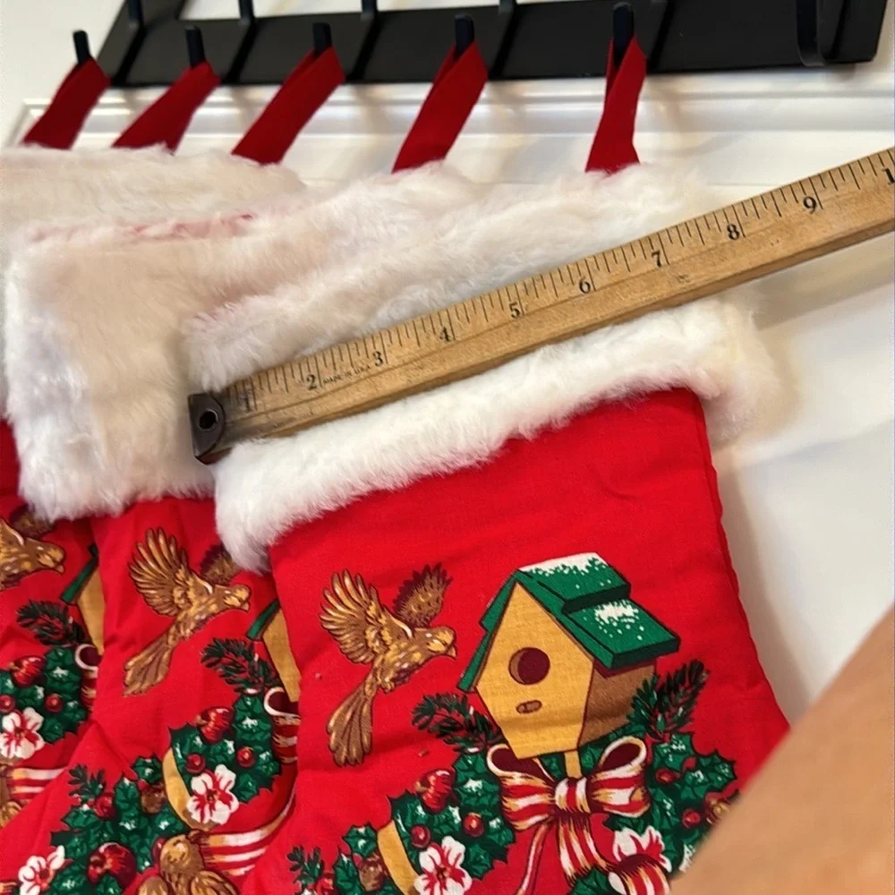 Vintage Christmas stockings Merry Christmas written, birdhouse, birds and ribbon